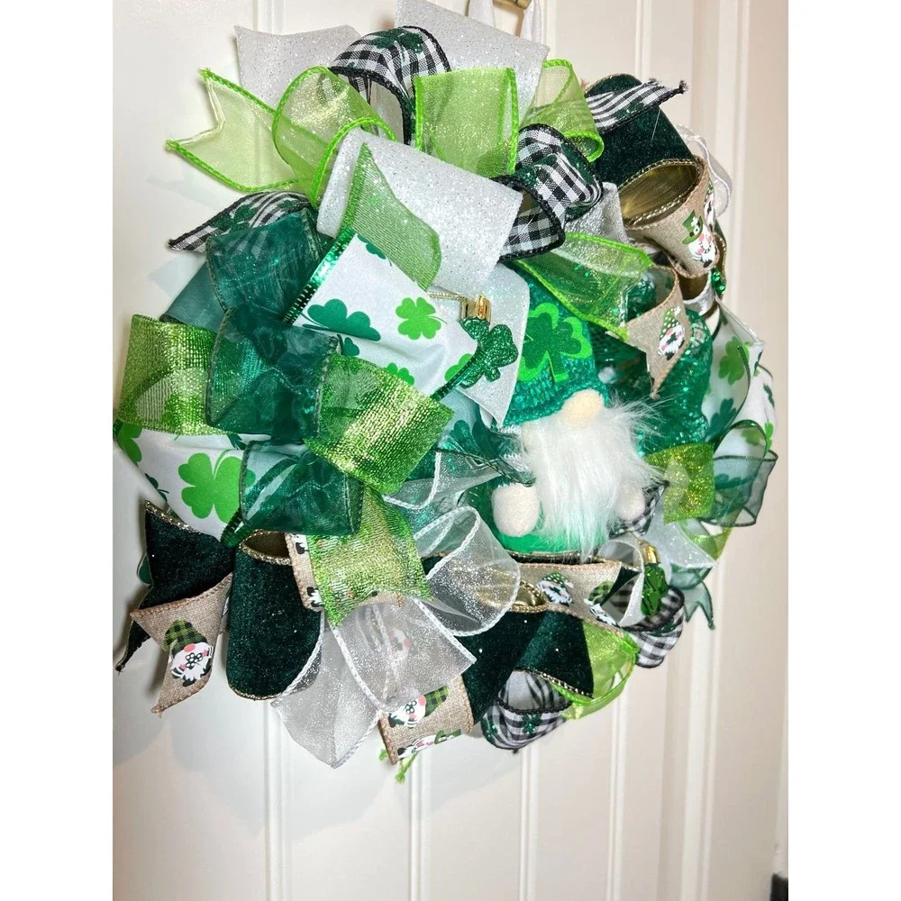 13” St. Patrick’s Day Ribbon Wreath Gnomes : Green & White Handmade MW9